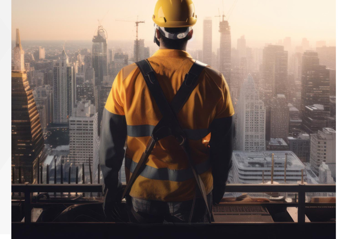 Worker overlooking city